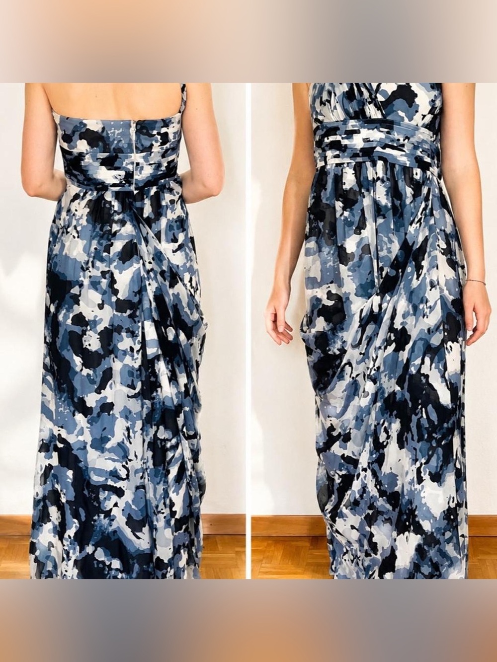 BCBGMaxAzria Navy, Light Blue and White Abstract Print Maxi Dress